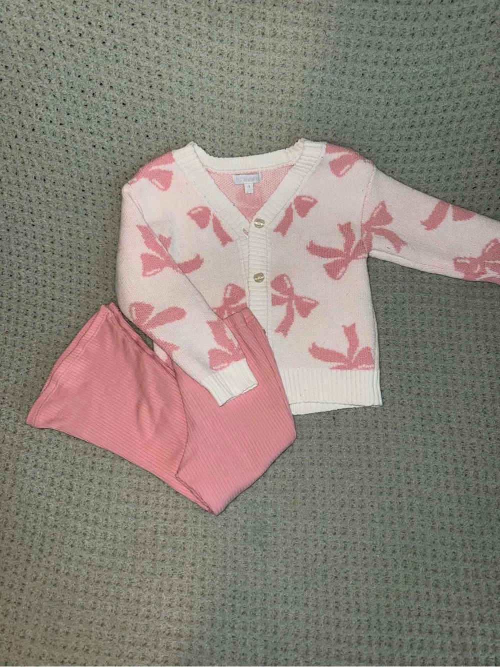 Pink Bow Knit Cardigan with Pink Ribbed Pants - Picture 3 of 4